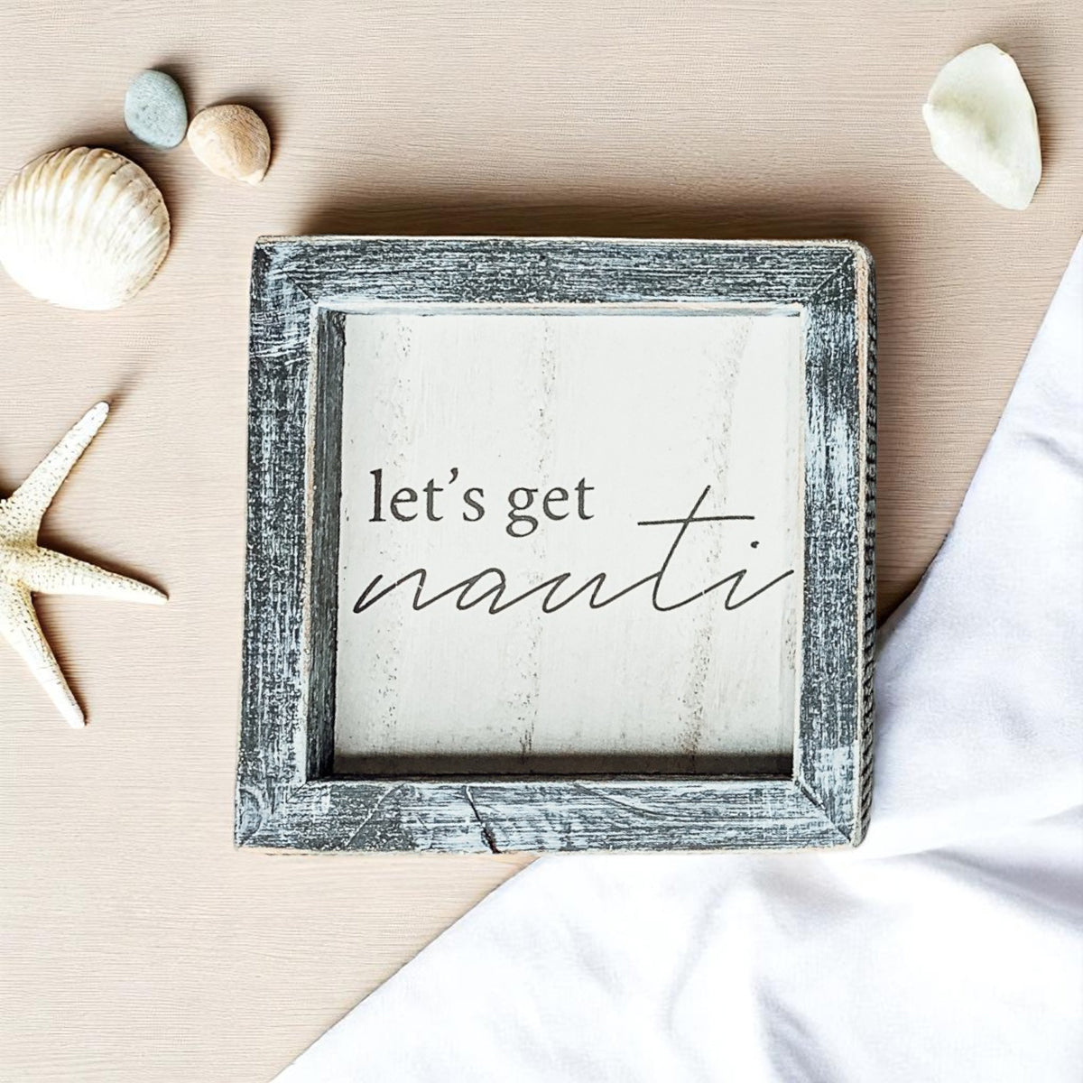 Nauti Wooden Nautical Home Decor Sign 5x5 Distressed Gray Frame Beach House Wall Accent BandsCo Straps