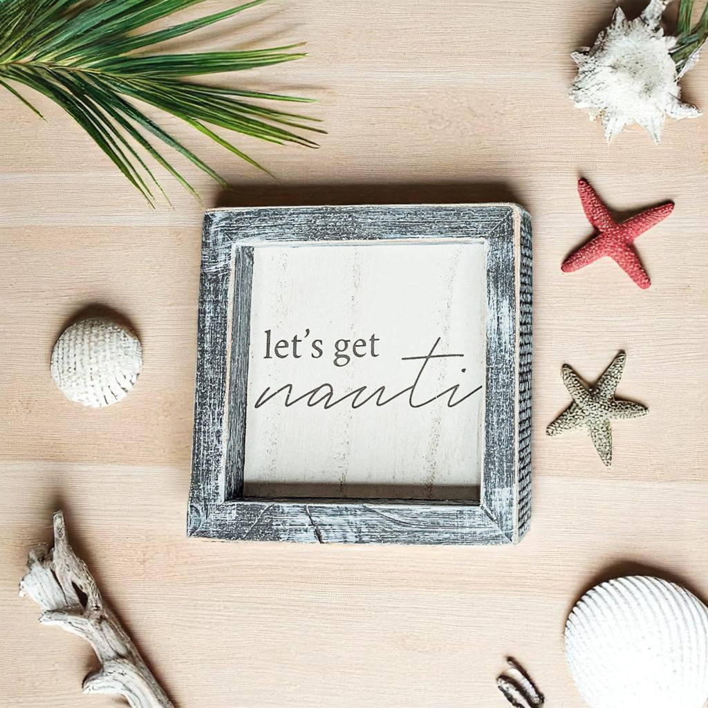 Nauti Wooden Nautical Home Decor Sign 5x5 Distressed Gray Frame Beach House Wall Accent BandsCo Straps
