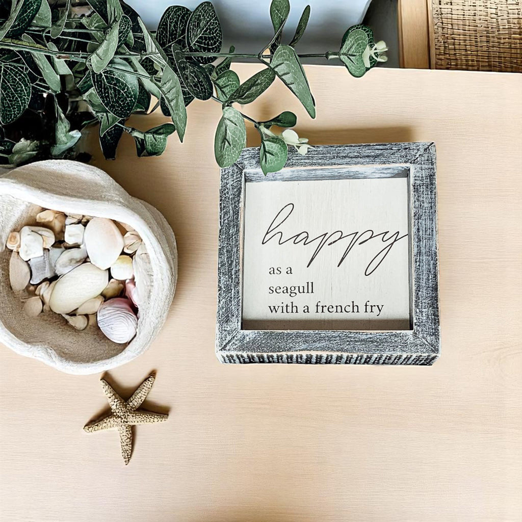 Happy As A Seagull Wooden Sign 5x5 Distressed Gray Frame Beach Decor Funny Coastal Gift BandsCo Straps