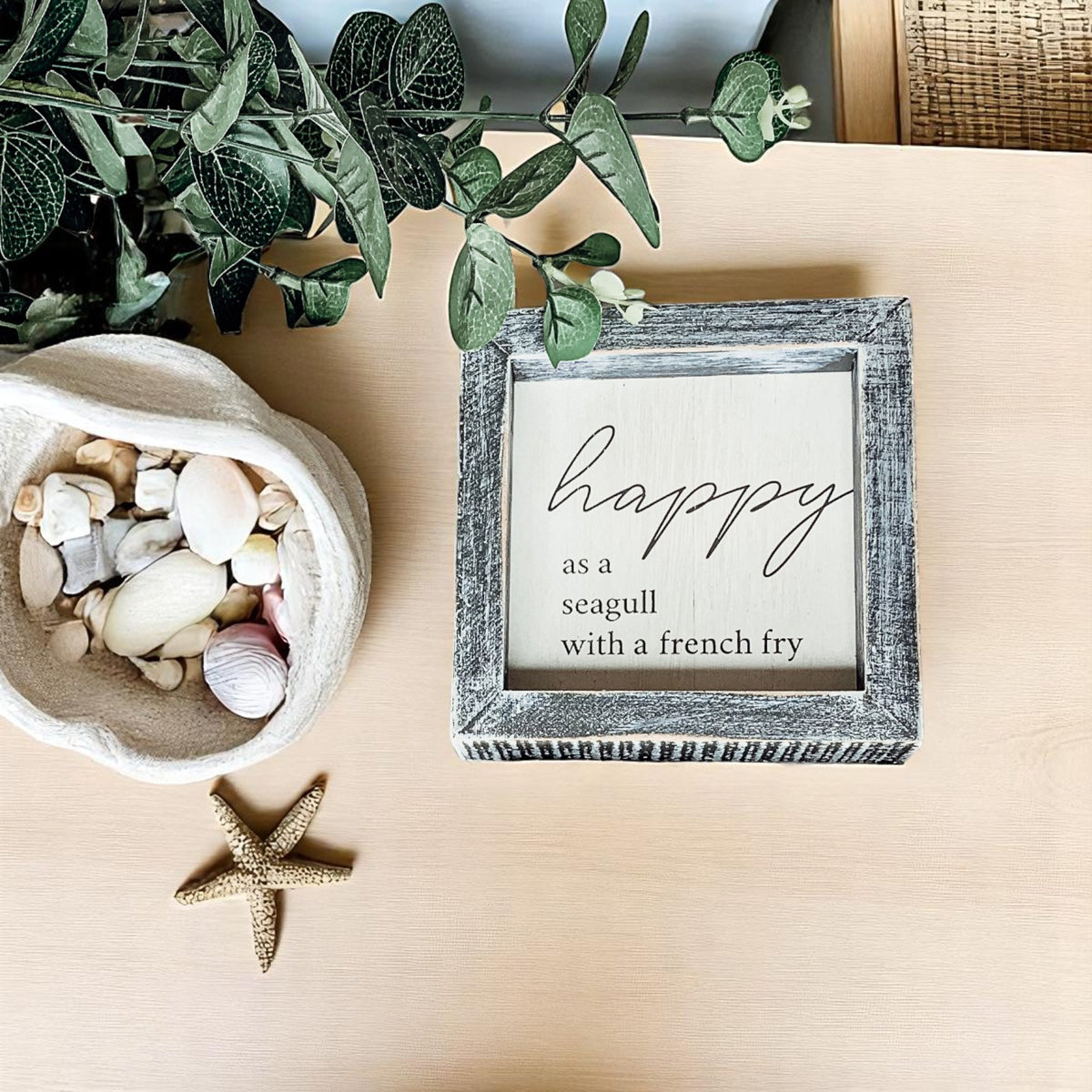 Happy As A Seagull Wooden Sign 5x5 Distressed Gray Frame Beach Decor Funny Coastal Gift BandsCo Straps