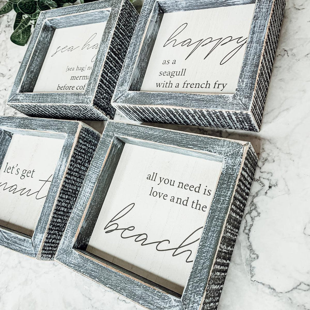 Sea Hag Wooden Sign 5x5 Distressed Gray Frame Funny Morning Mermaid Pre Coffee Decor Plaque BandsCo Straps