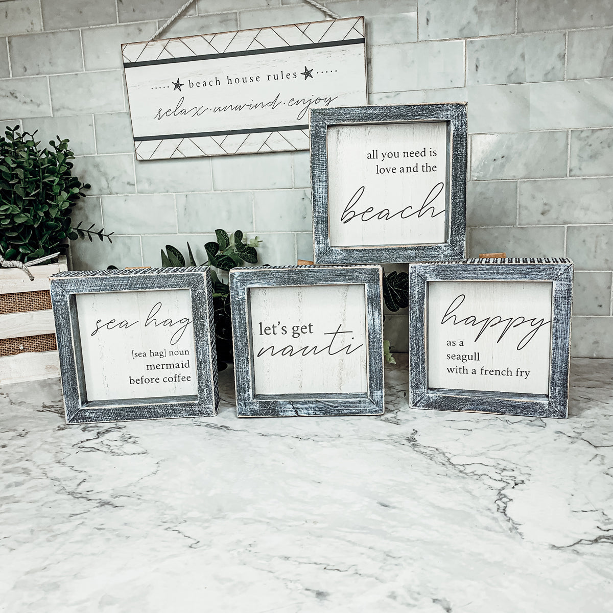 Happy As A Seagull Wooden Sign 5x5 Distressed Gray Frame Beach Decor Funny Coastal Gift BandsCo Straps
