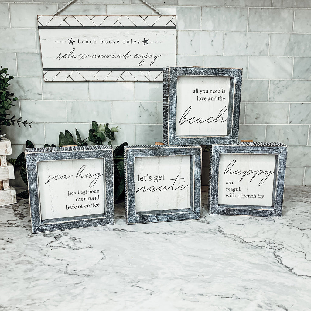 Nauti Wooden Nautical Home Decor Sign 5x5 Distressed Gray Frame Beach House Wall Accent BandsCo Straps