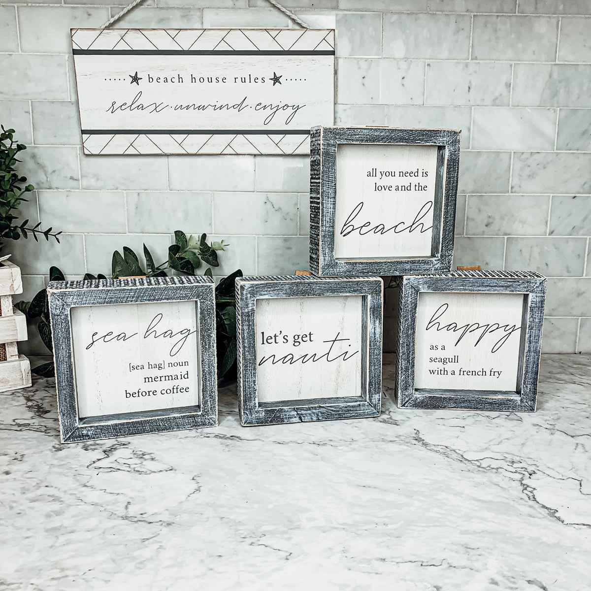 Nauti Wooden Nautical Home Decor Sign 5x5 Distressed Gray Frame Beach House Wall Accent BandsCo Straps