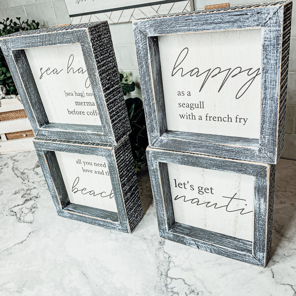 Happy As A Seagull Wooden Sign 5x5 Distressed Gray Frame Beach Decor Funny Coastal Gift BandsCo Straps