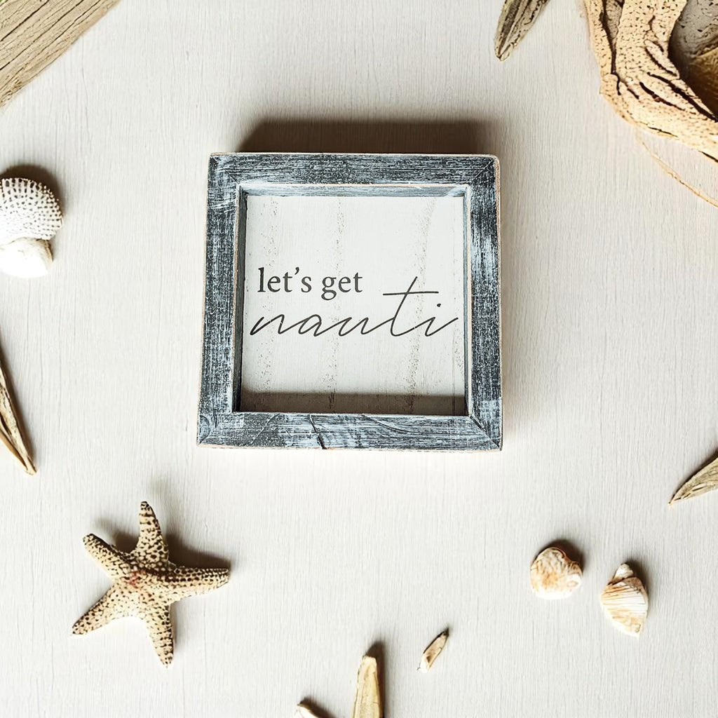 Nauti Wooden Nautical Home Decor Sign 5x5 Distressed Gray Frame Beach House Wall Accent BandsCo Straps