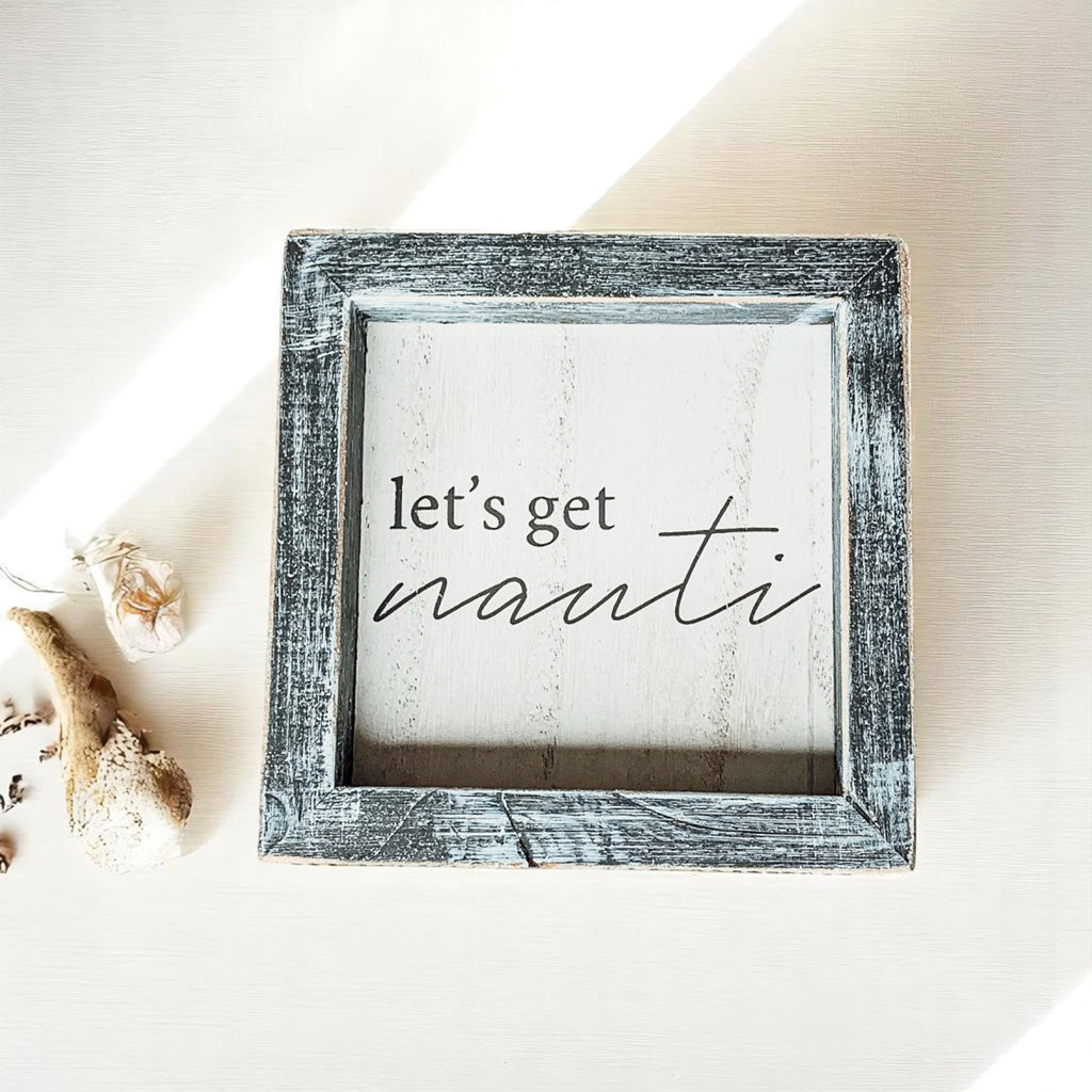 Nauti Wooden Nautical Home Decor Sign 5x5 Distressed Gray Frame Beach House Wall Accent BandsCo Straps