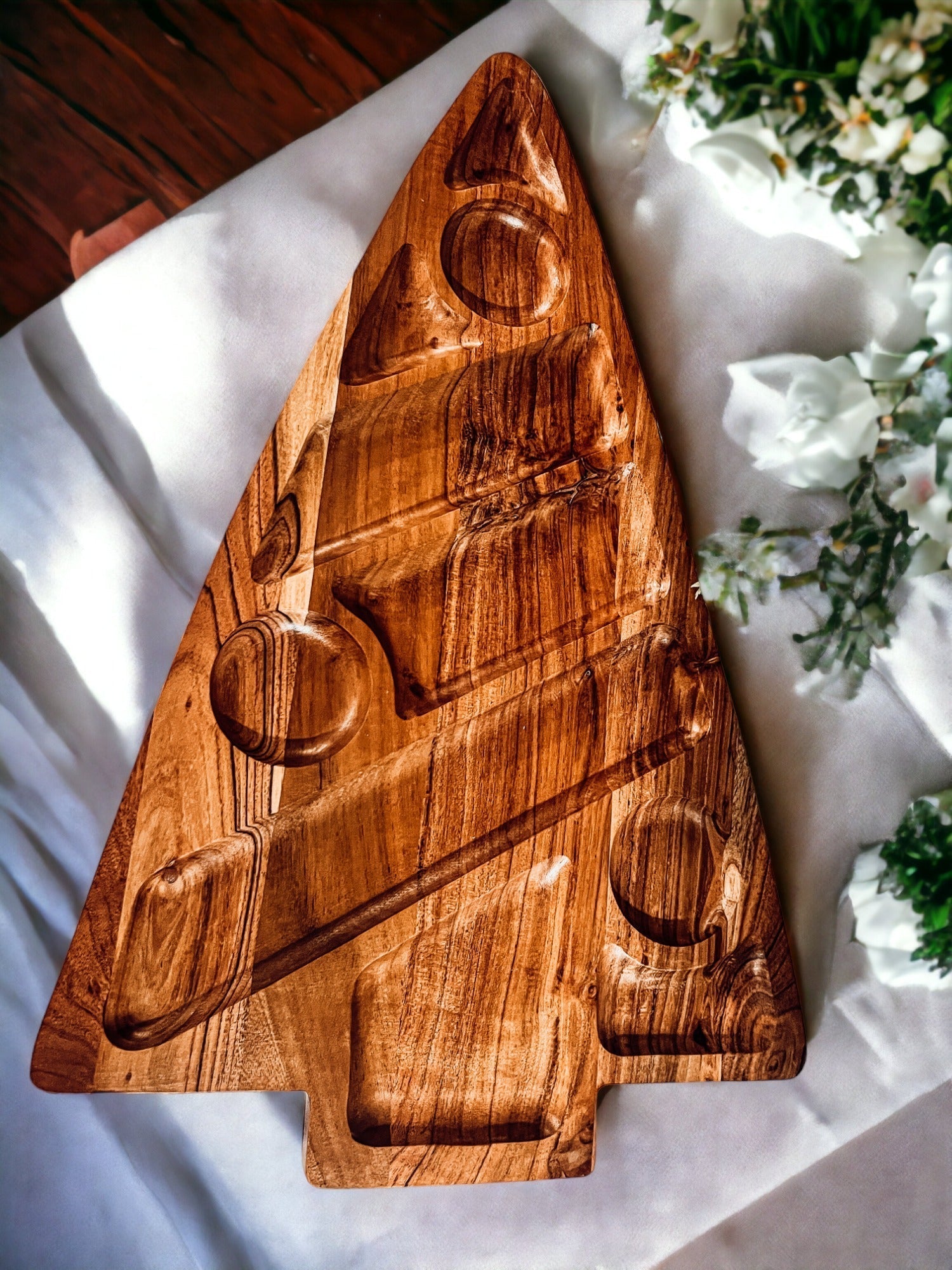 Oversized Acacia Wood Christmas Tree Charcuterie Board With Sectioned Serving BandsCo Straps