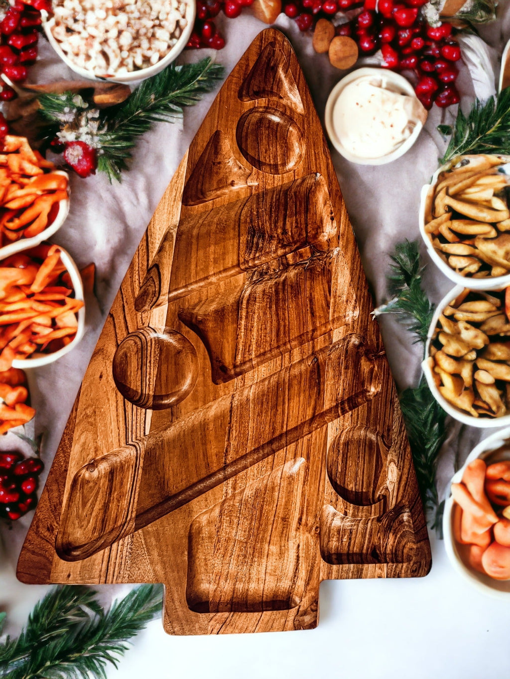 Oversized Acacia Wood Christmas Tree Charcuterie Board With Sectioned Serving BandsCo Straps