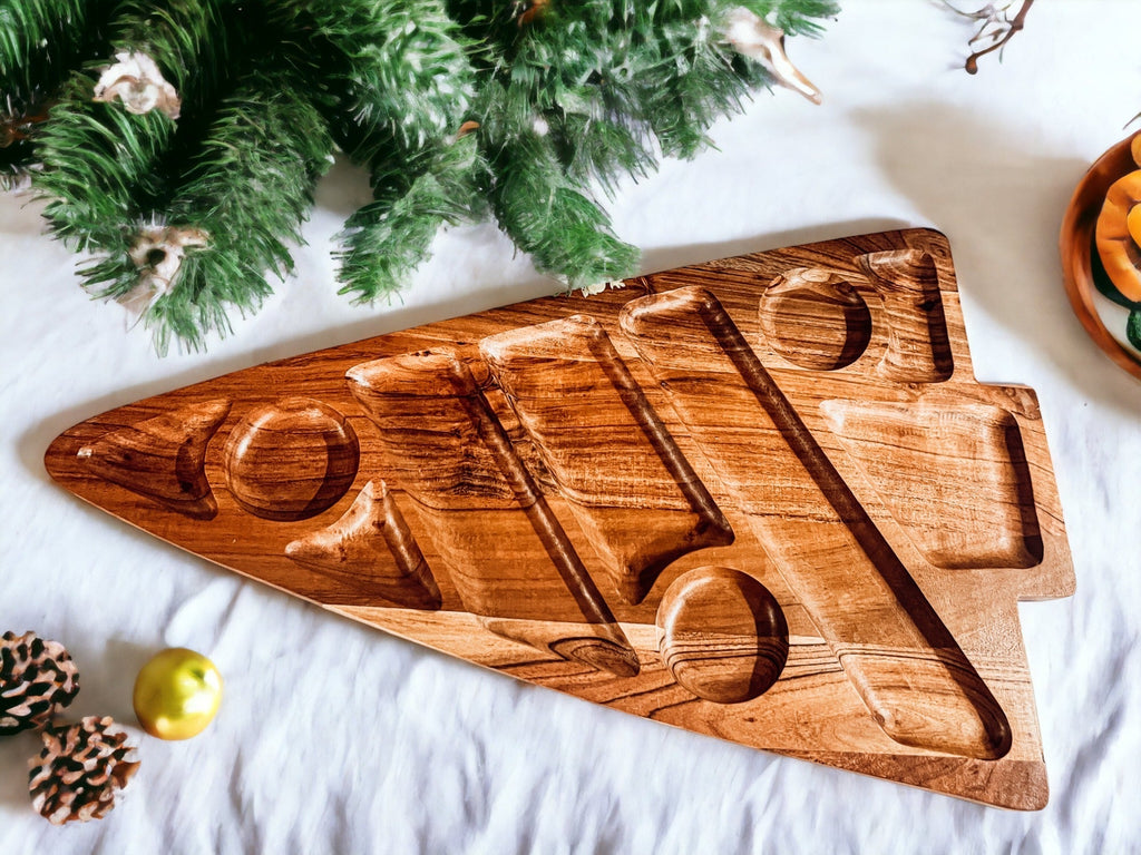 Oversized Acacia Wood Christmas Tree Charcuterie Board With Sectioned Serving BandsCo Straps