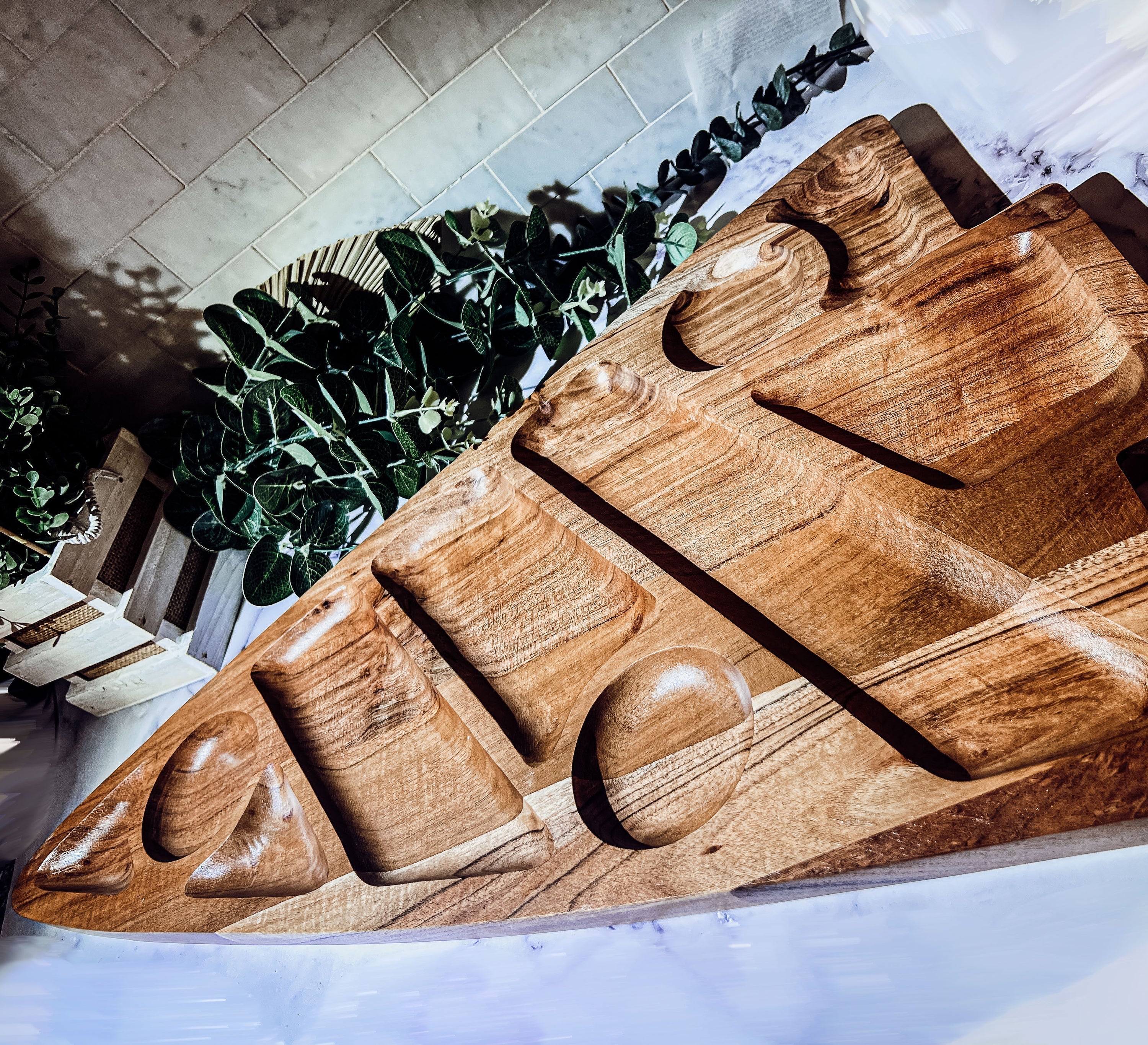 Oversized Acacia Wood Christmas Tree Charcuterie Board With Sectioned Serving BandsCo Straps