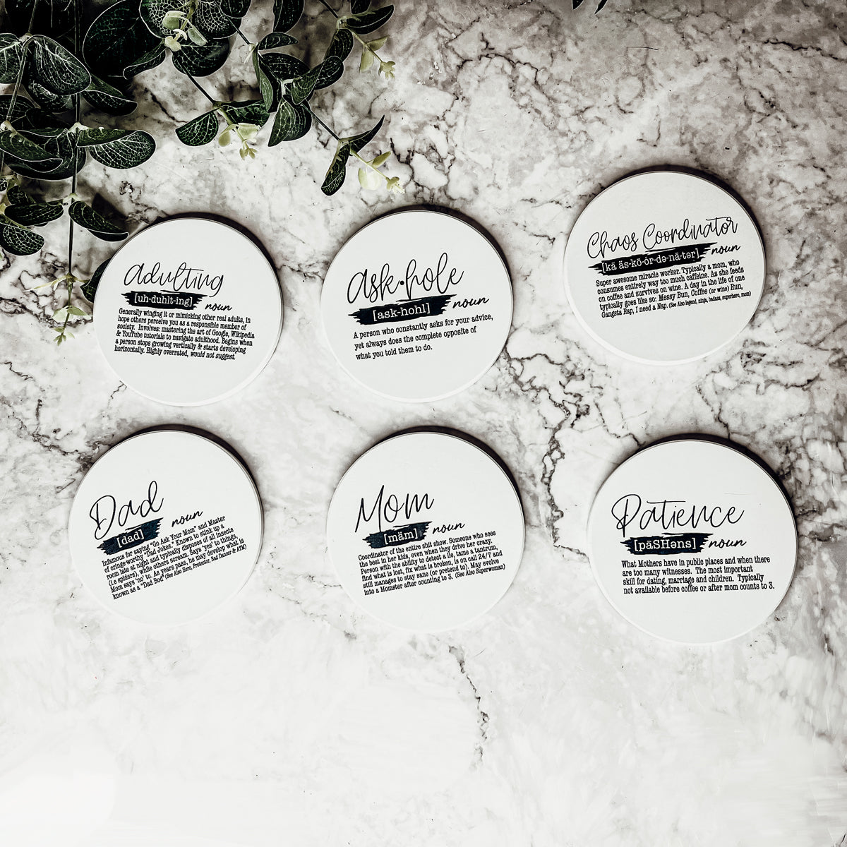 Adulting Funny Coaster Gift Set 6 Pack Humorous Quote Drink Coasters Home Bar Decor BandsCo Straps