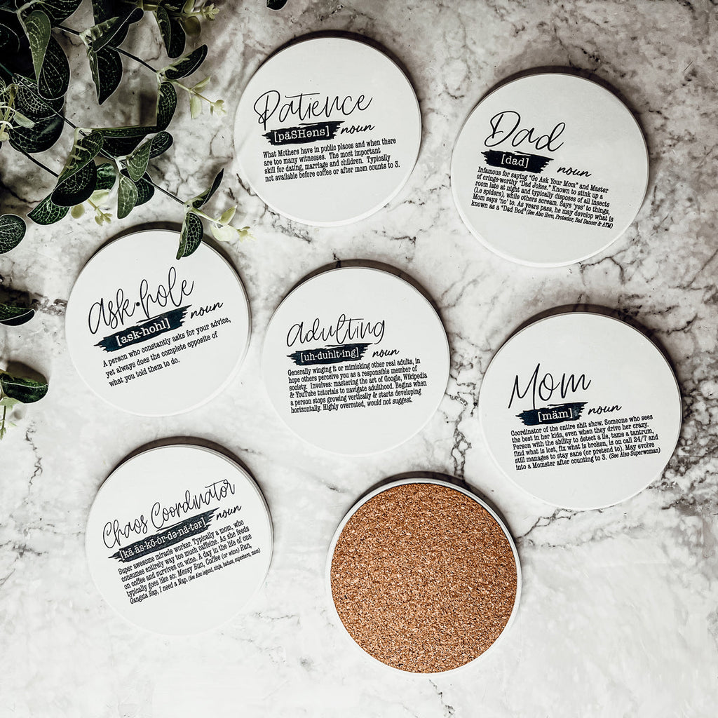 Adulting Funny Coaster Gift Set 6 Pack Humorous Quote Drink Coasters Home Bar Decor BandsCo Straps