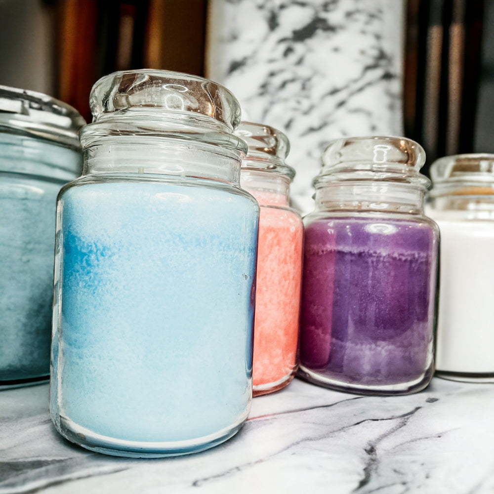 XL 24oz Two-Wick Scented Candle Clear Glass Jar With Lid 150+ Hour Burn BandsCo Straps