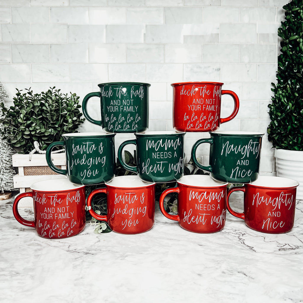 Naughty And Nice Coffee Mug Ceramic Campfire Style 14.5oz Red Or Green Double Side Design BandsCo Straps