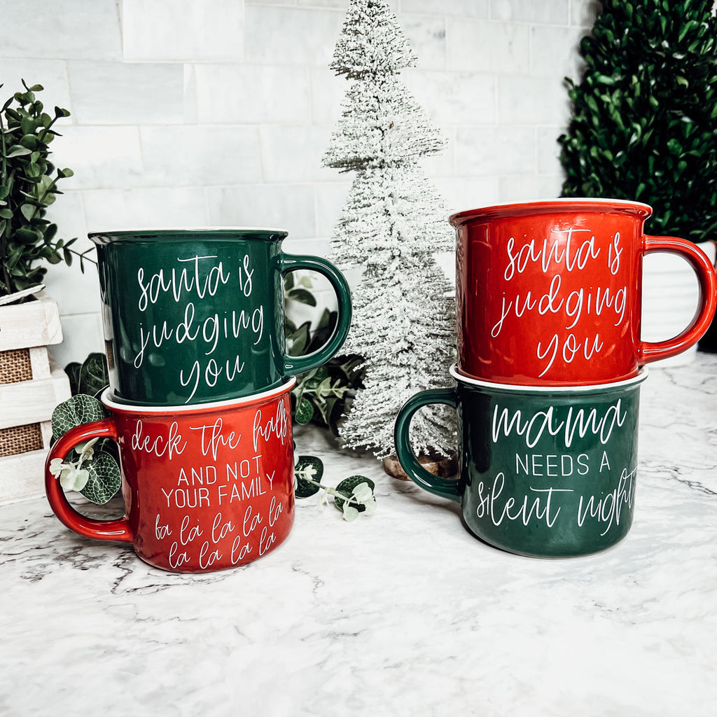 Santa Is Judging Mug 14.5oz Ceramic Campfire Style Holiday Coffee Mug Red Or Green Double Sided BandsCo Straps