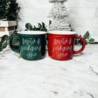Santa Is Judging Mug 14.5oz Ceramic Campfire Style Holiday Coffee Mug Red Or Green Double Sided BandsCo Straps