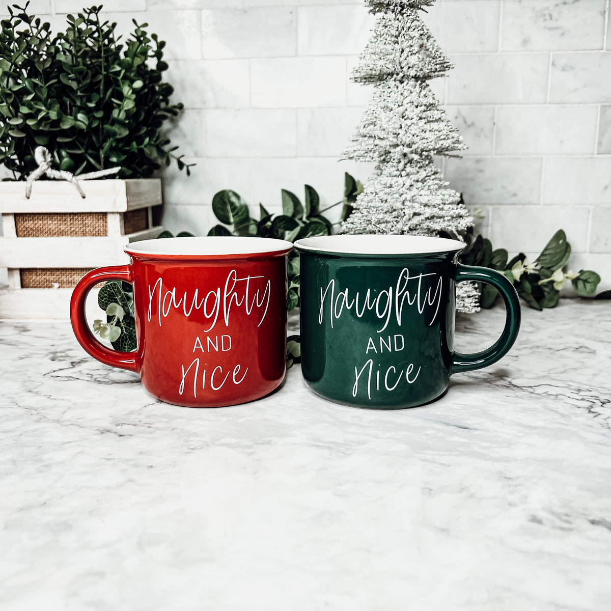 Naughty And Nice Coffee Mug Ceramic Campfire Style 14.5oz Red Or Green Double Side Design BandsCo Straps