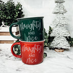 Naughty And Nice Coffee Mug Ceramic Campfire Style 14.5oz Red Or Green Double Side Design BandsCo Straps