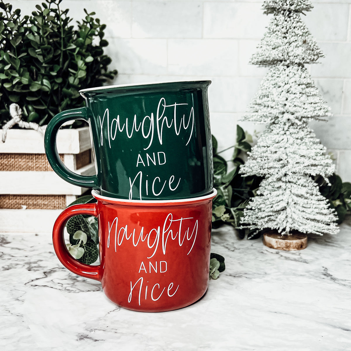Naughty And Nice Coffee Mug Ceramic Campfire Style 14.5oz Red Or Green Double Side Design BandsCo Straps