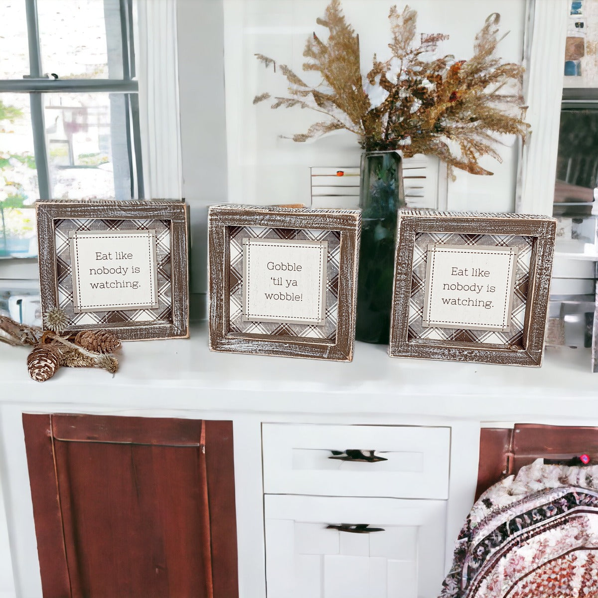Thanksgiving Gobble Til Ya Wobble Tabletop Sign 5x5x1.5 Holiday Decor Party Cute Gift BandsCo Straps