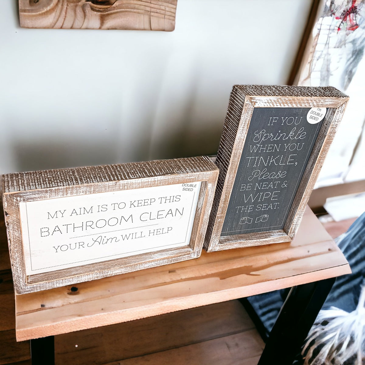 Funny Double Sided Wooden Bathroom Sign Aim Sprinkle Tinkle Freestanding Frame Wall Decor BandsCo Straps