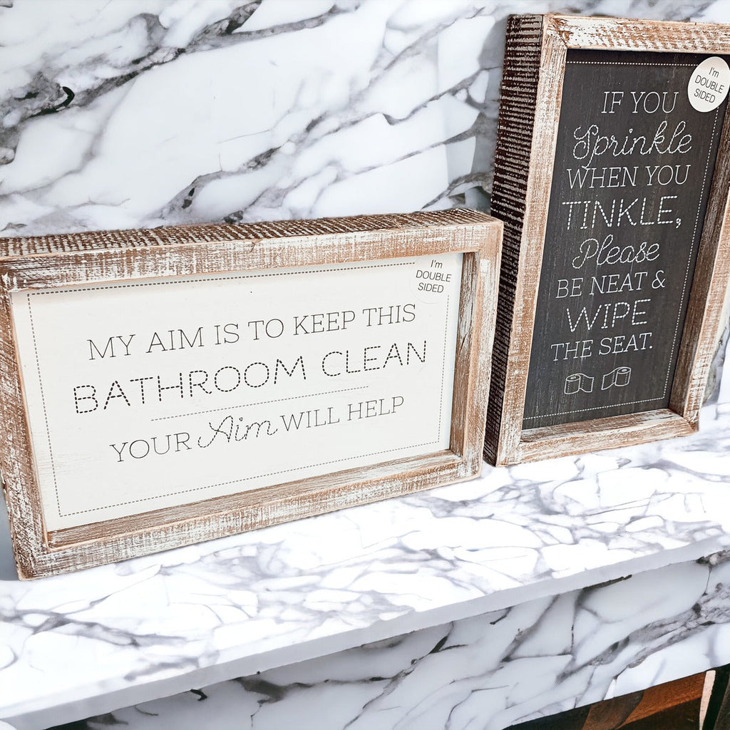 Funny Double Sided Wooden Bathroom Sign Aim Sprinkle Tinkle Freestanding Frame Wall Decor BandsCo Straps