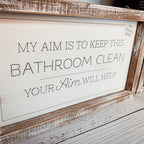 Funny Double Sided Wooden Bathroom Sign Aim Sprinkle Tinkle Freestanding Frame Wall Decor BandsCo Straps