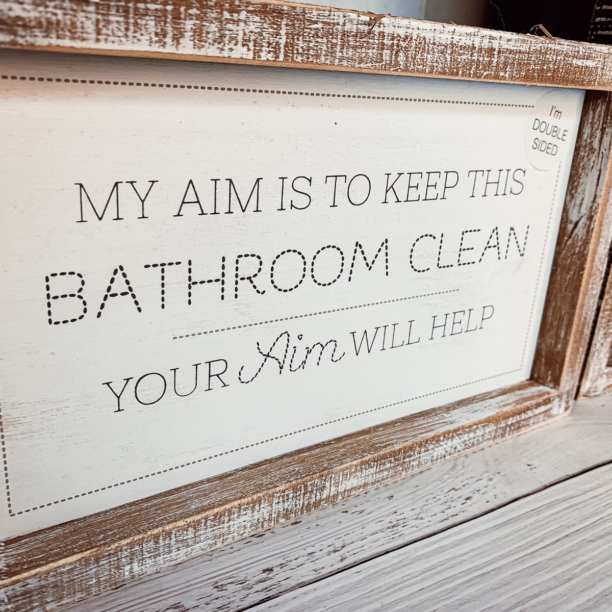 Funny Double Sided Wooden Bathroom Sign Aim Sprinkle Tinkle Freestanding Frame Wall Decor BandsCo Straps