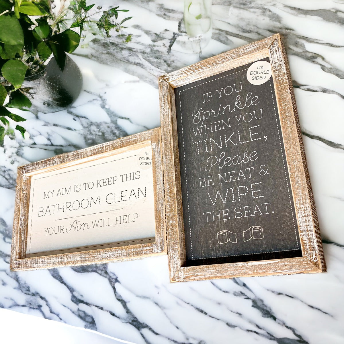 Funny Double Sided Wooden Bathroom Sign Aim Sprinkle Tinkle Freestanding Frame Wall Decor BandsCo Straps