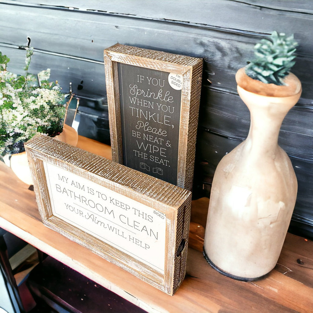 Funny Double Sided Wooden Bathroom Sign Aim Sprinkle Tinkle Freestanding Frame Wall Decor BandsCo Straps