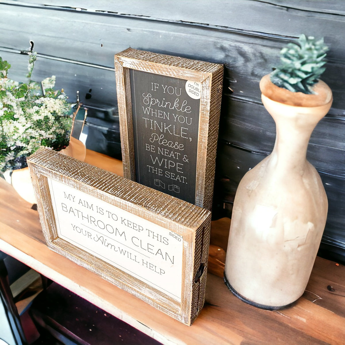 Funny Double Sided Wooden Bathroom Sign Aim Sprinkle Tinkle Freestanding Frame Wall Decor BandsCo Straps
