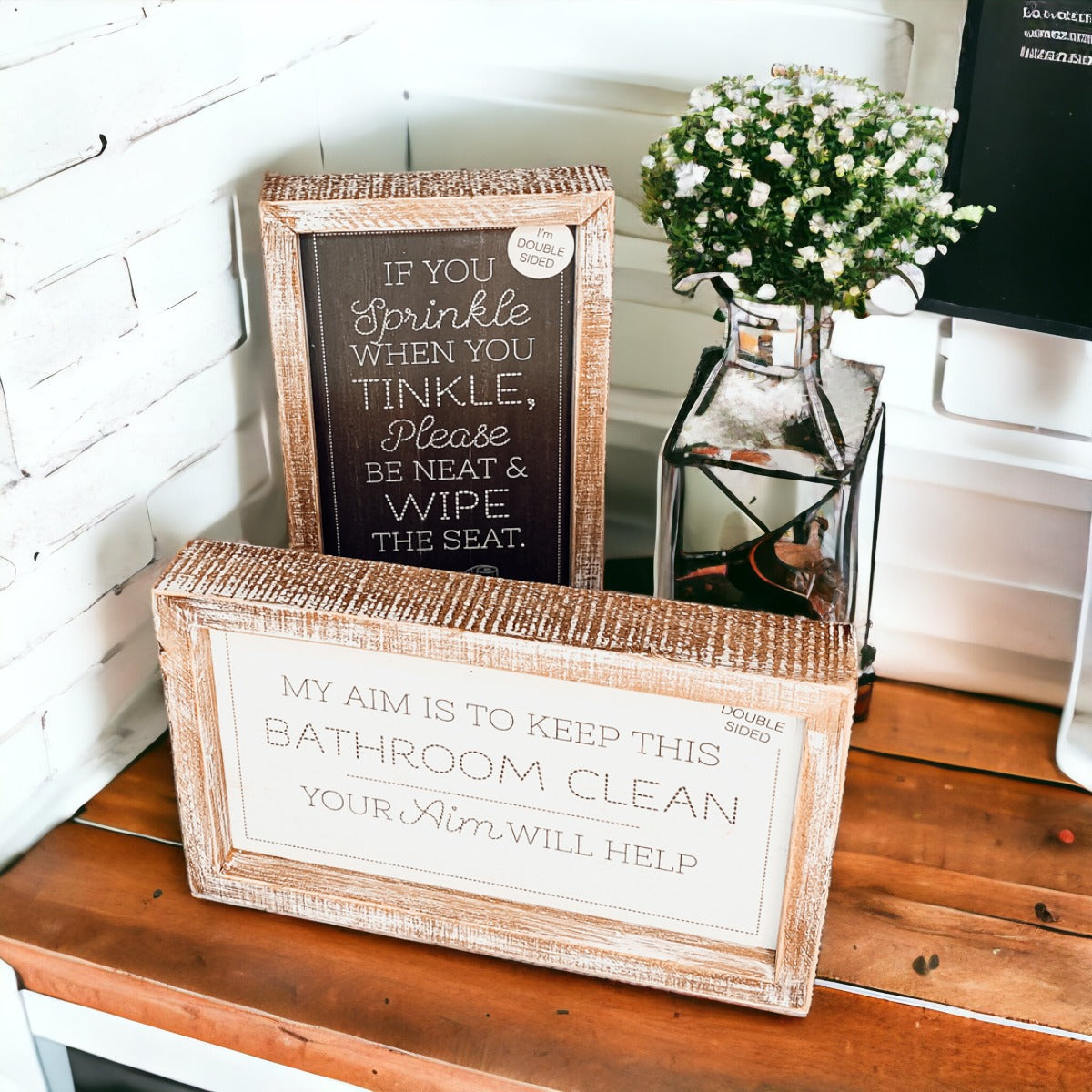 Funny Double Sided Wooden Bathroom Sign Aim Sprinkle Tinkle Freestanding Frame Wall Decor BandsCo Straps
