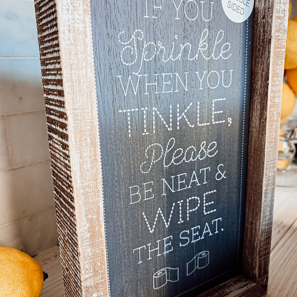 Funny Double Sided Wooden Bathroom Sign Aim Sprinkle Tinkle Freestanding Frame Wall Decor BandsCo Straps