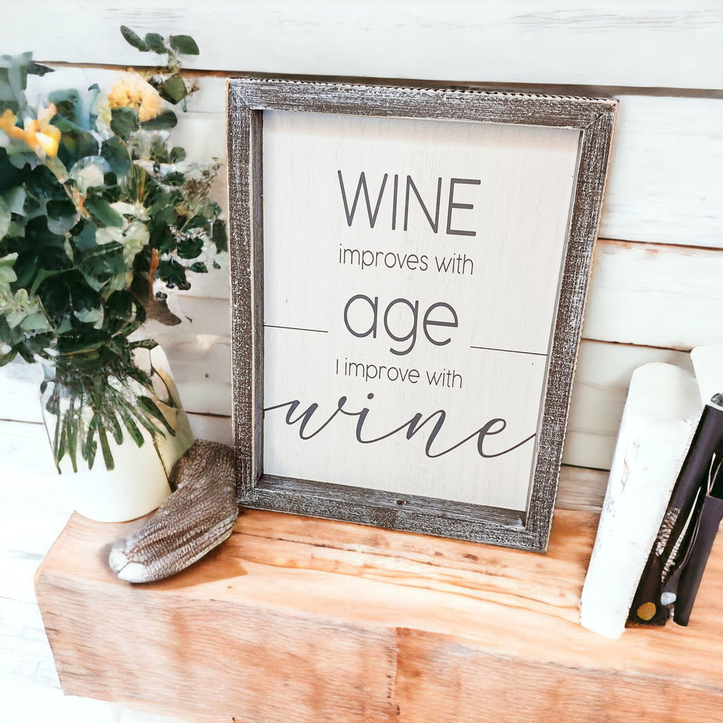 Wine Improves With Age Wood Sign 8x10 Premium Rustic White Grey Hanging Freestanding Decor BandsCo Straps