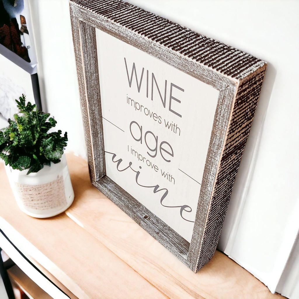 Wine Improves With Age Wood Sign 8x10 Premium Rustic White Grey Hanging Freestanding Decor BandsCo Straps