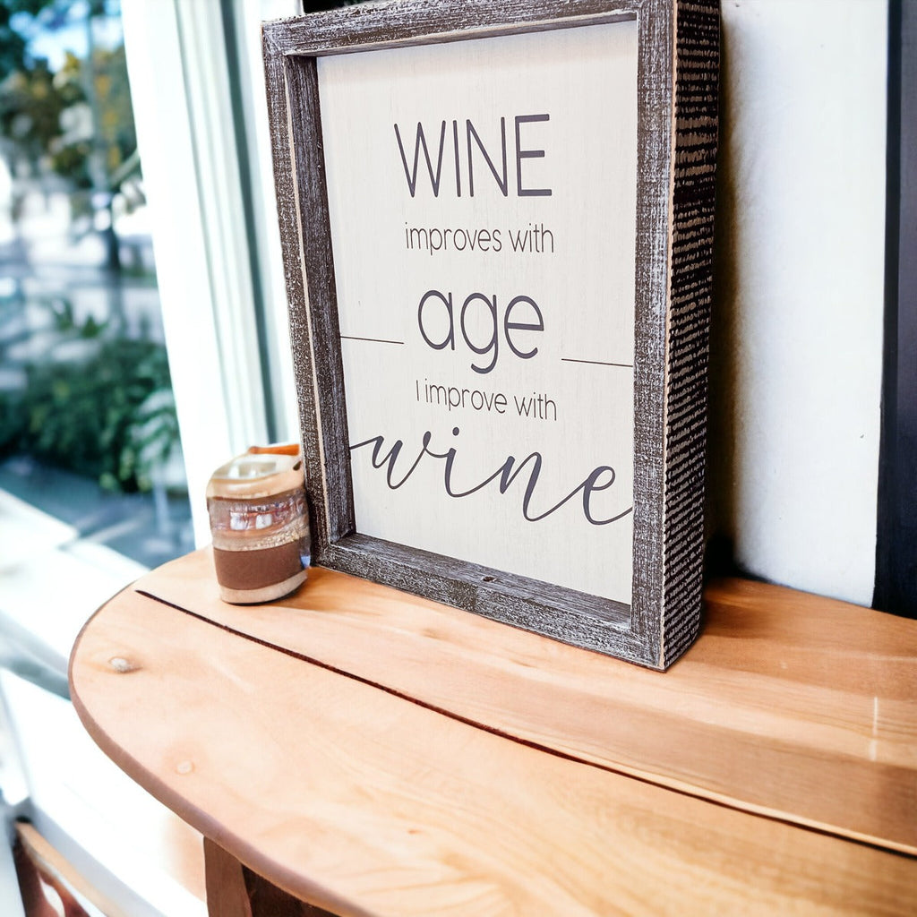 Wine Improves With Age Wood Sign 8x10 Premium Rustic White Grey Hanging Freestanding Decor BandsCo Straps