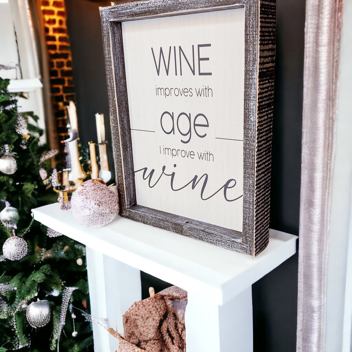 Wine Improves With Age Wood Sign 8x10 Premium Rustic White Grey Hanging Freestanding Decor BandsCo Straps