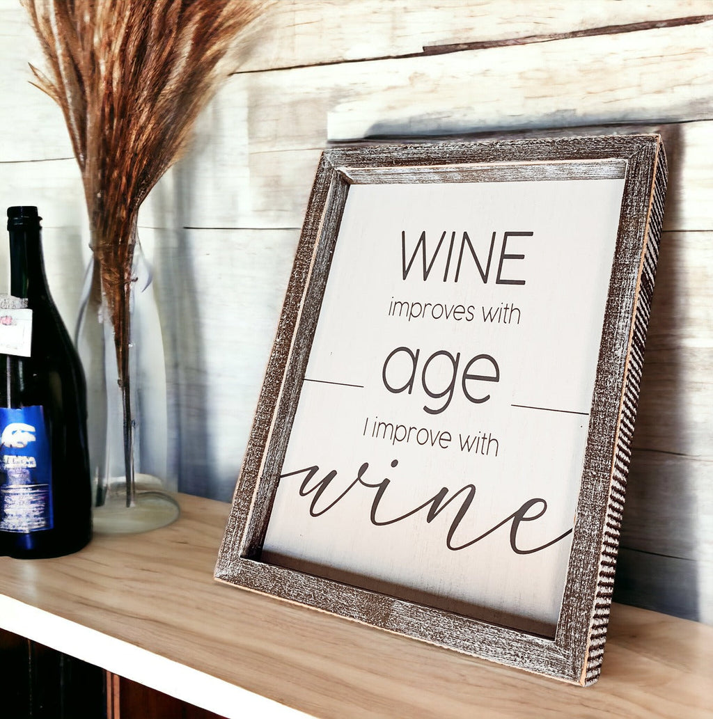 Wine Improves With Age Wood Sign 8x10 Premium Rustic White Grey Hanging Freestanding Decor BandsCo Straps