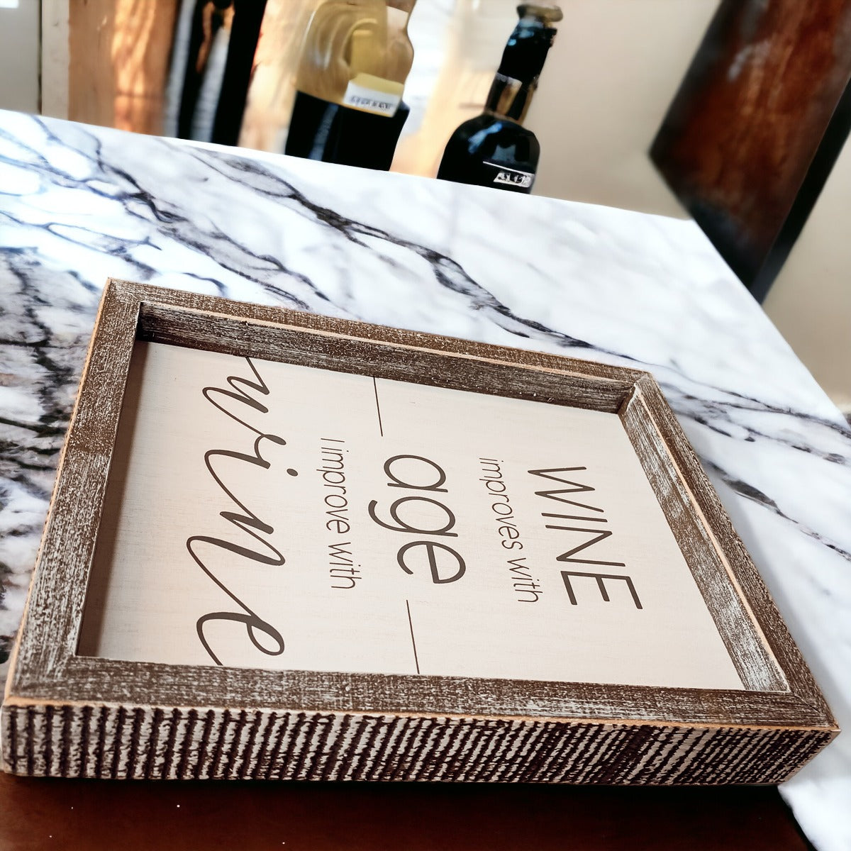 Wine Improves With Age Wood Sign 8x10 Premium Rustic White Grey Hanging Freestanding Decor BandsCo Straps