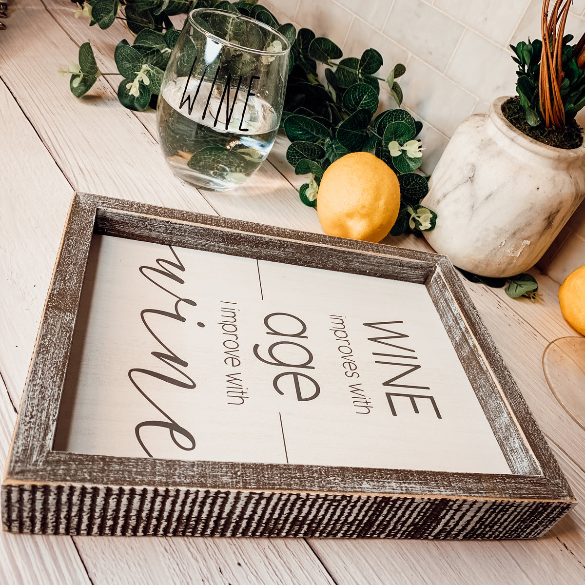 Wine Improves With Age Wood Sign 8x10 Premium Rustic White Grey Hanging Freestanding Decor BandsCo Straps