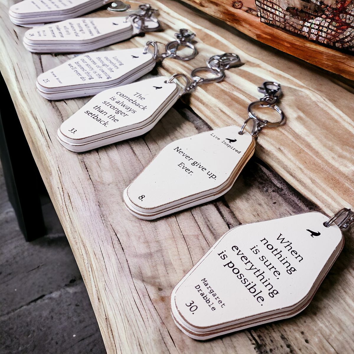 Wooden Inspirational Key Chains Reversible Heavy Duty Motivational Quotes Keyring Set 10 Plus Styles BandsCo Straps