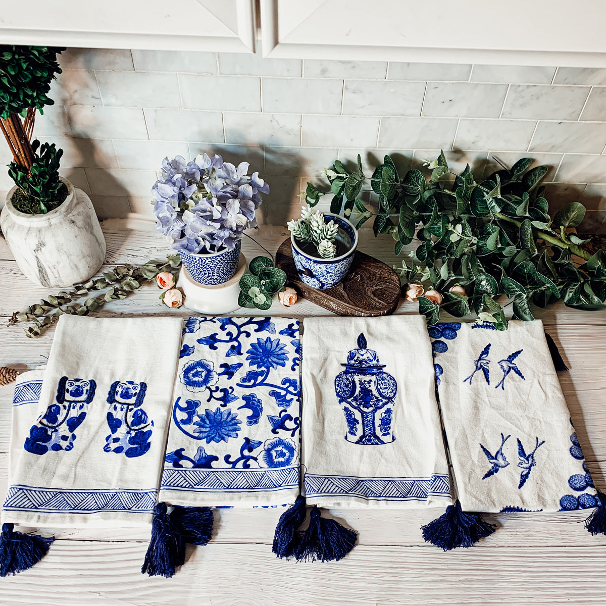 Chinoiserie Tea Towels 100% Cotton Oversized Embroidered Dish Towels Tassels BandsCo Straps