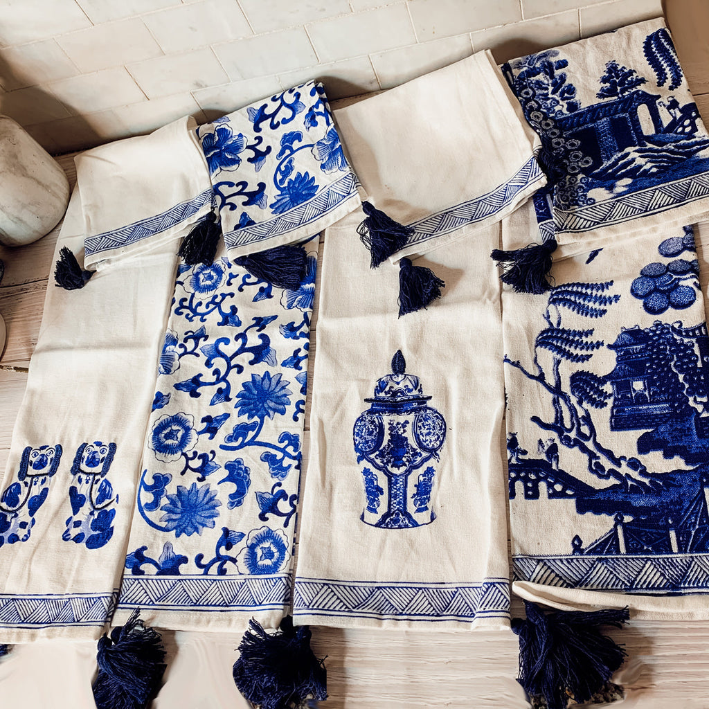 Chinoiserie Tea Towels 100% Cotton Oversized Embroidered Dish Towels Tassels BandsCo Straps