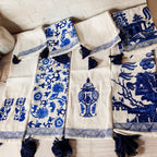Chinoiserie Tea Towels 100% Cotton Oversized Embroidered Dish Towels Tassels BandsCo Straps