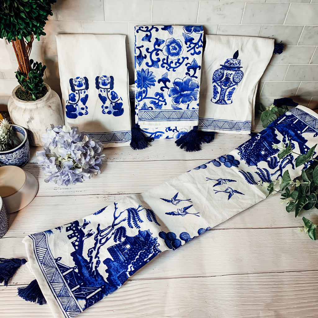 Chinoiserie Tea Towels 100% Cotton Oversized Embroidered Dish Towels Tassels BandsCo Straps