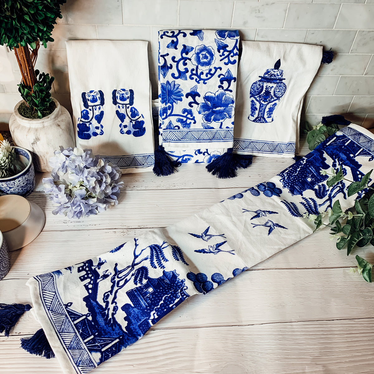 Chinoiserie Tea Towels 100% Cotton Oversized Embroidered Dish Towels Tassels BandsCo Straps