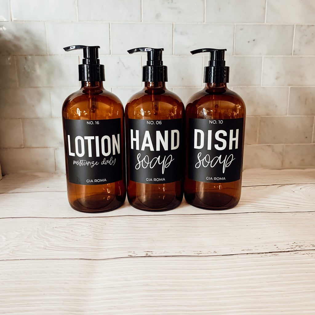 16oz Amber Glass Boston Round Soap Refill Bottle Black Label Set BandsCo Straps