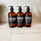 16oz Amber Glass Boston Round Soap Refill Bottle Black Label Set BandsCo Straps