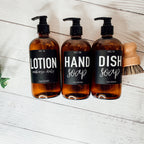 16oz Amber Glass Boston Round Soap Refill Bottle Black Label Set BandsCo Straps